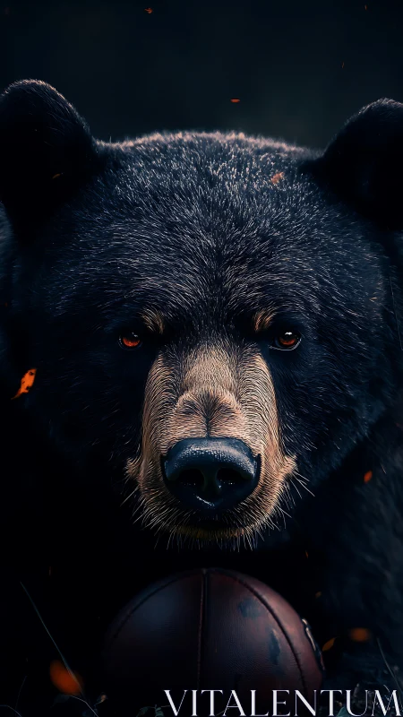 Close frontal view of dark bear with worn leather ball.