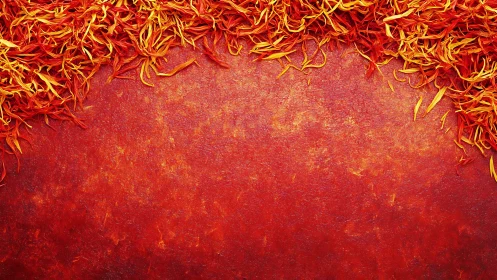 Macro study of fiery orange petals on textured red ground.