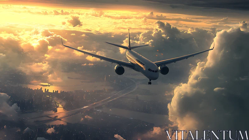 Cinematic digital painting of airliner above sunset metropolis.