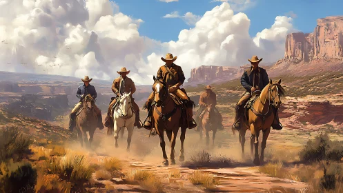 Cowboys on horseback crossing dusty desert trail.
