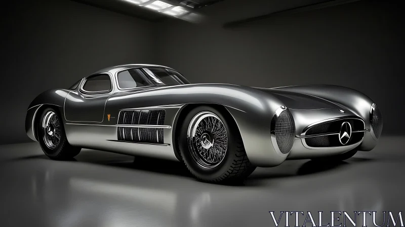 Streamlined silver coupé rendered with high-gloss studio lighting