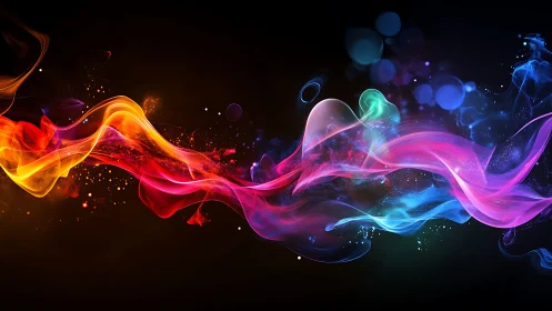 Chromatic light ribbons twist across a deep black void