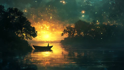 Solitary boat silhouetted on luminous dusk river horizon.