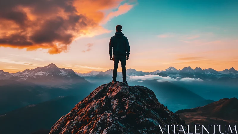 Photorealistic alpine summit figure at cinematic sunset horizon.