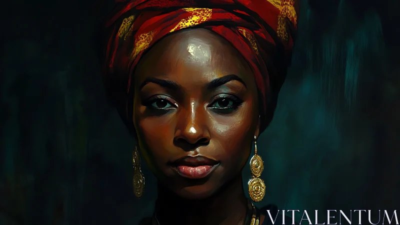 Portrait captures regal woman in vibrant patterned headwrap