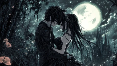 Gothic couple embracing under full moon in dark garden