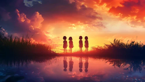 Four friends stand by a glowing sunset lake in silhouette.