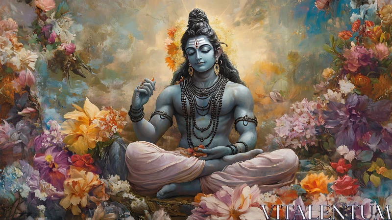 Serene blue deity in meditation amid lush, dreamlike flowers.