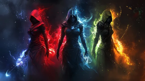 Elemental veiled sorceresses ignite a chromatic storm.