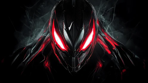 Cybernetic assassin helmet glows with molten red power.