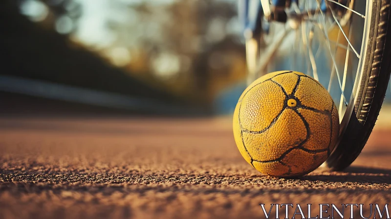 Yellow worn ball and bicycle wheel on outdoor court ground.
