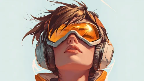 Futuristic female pilot in orange visor rendered as digital portrait