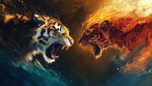 Tiger Confrontation: Fire and Ice Elemental Clash.