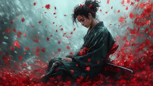 Samurai meditates amid turbulent red maple leaves in shallow depth