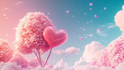 Heart-Shaped Tree Among Pink Blossoms in Dreamscape.