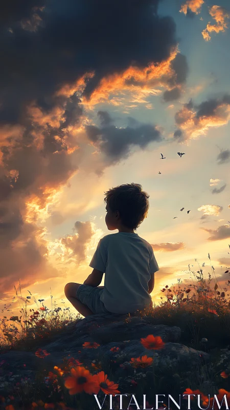 Boy sitting on rocky hill at sunset under glowing clouds.