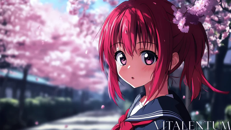 Red haired anime schoolgirl stands under blooming cherry trees