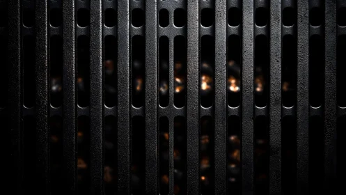 Close-up of black metal grill with glowing embers beneath, moody lighting.