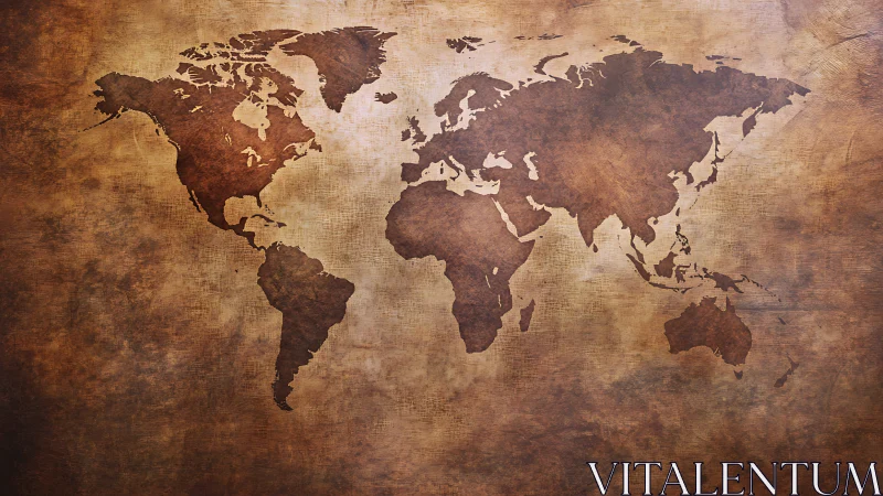 Weathered world map silhouette on antique parchment background.