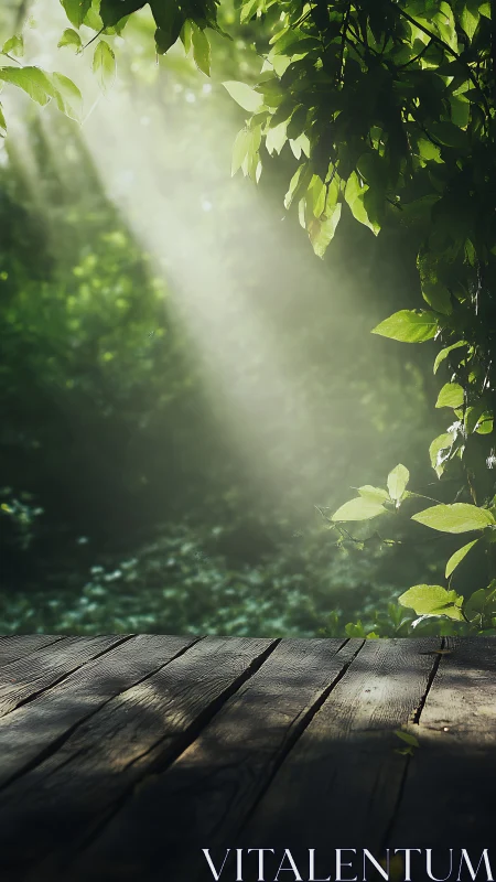 Sunlit forest deck catches soft morning light beams