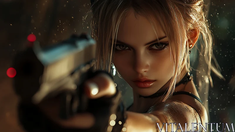 Cinematic close-up of armed femme fatale, digital painting focus.