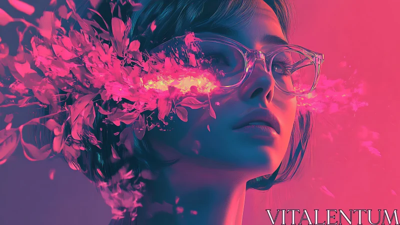 Neon portrait merges shattered petals and glowing vision.