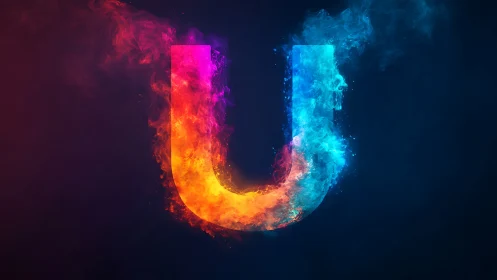 Bifurcated fiery and icy U letterform in volumetric plasma glow