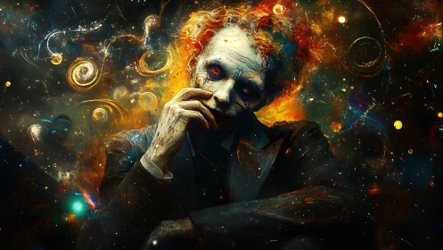 Cosmic daydreamer wrapped in swirling galaxies of thought.