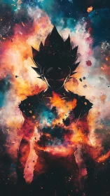 Cosmic warrior silhouette burns through nebula storm field.
