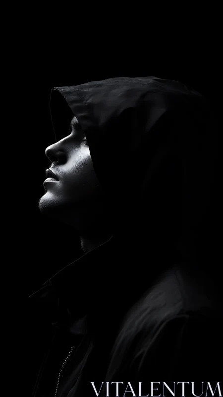 Hooded profile silhouette cuts sharp contrast from black void.