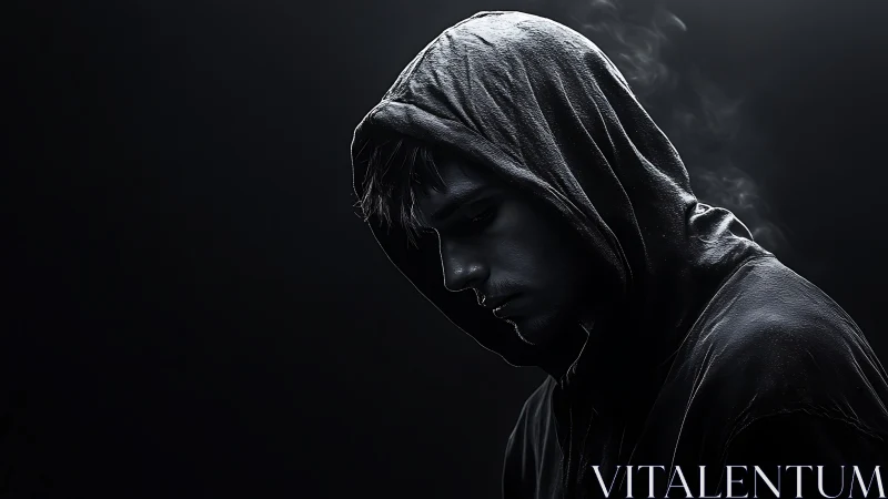 Hooded figure in shadowed profile under dramatic rim light