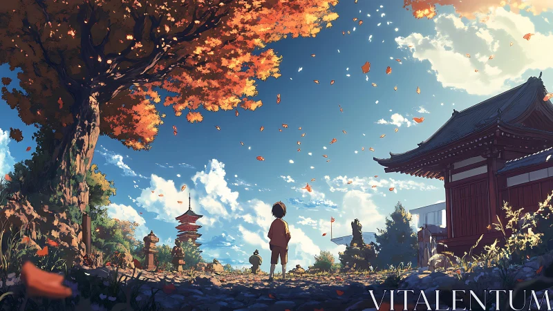 Child under autumn maple in sunlit Japanese temple courtyard.