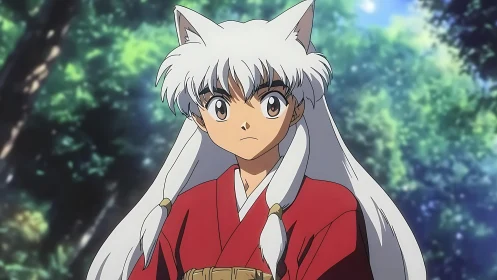 White‑haired anime warrior stands alert in a tranquil forest