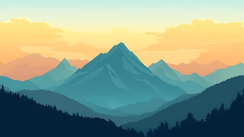 Layered alpine peaks in soft gradient sunrise palette.