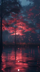 Red illuminated forest trees reflected on calm water surface.
