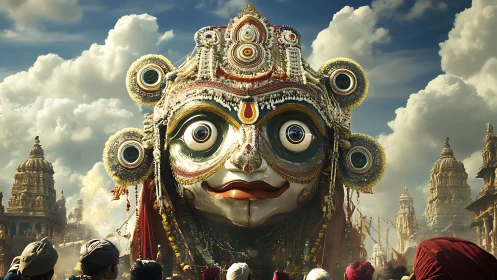 Joyful festival giant deity head amid temple towers.