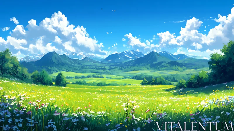 Sunlit alpine meadow stretches toward distant blue mountains