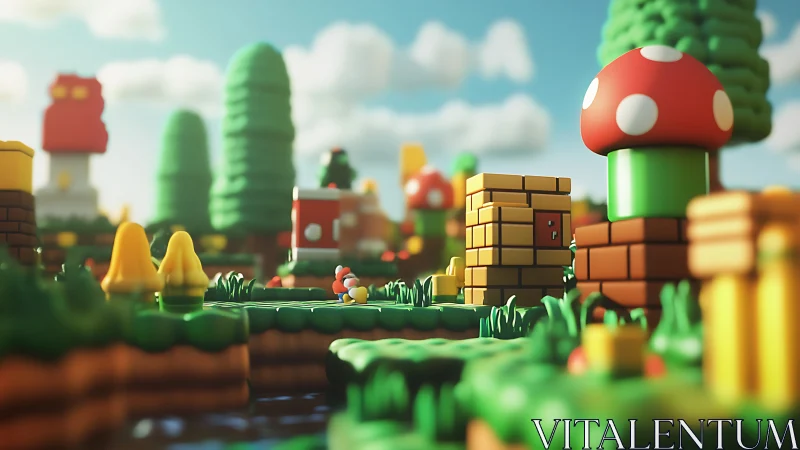 Playful toy world of mushrooms, blocks, and sunny adventure.