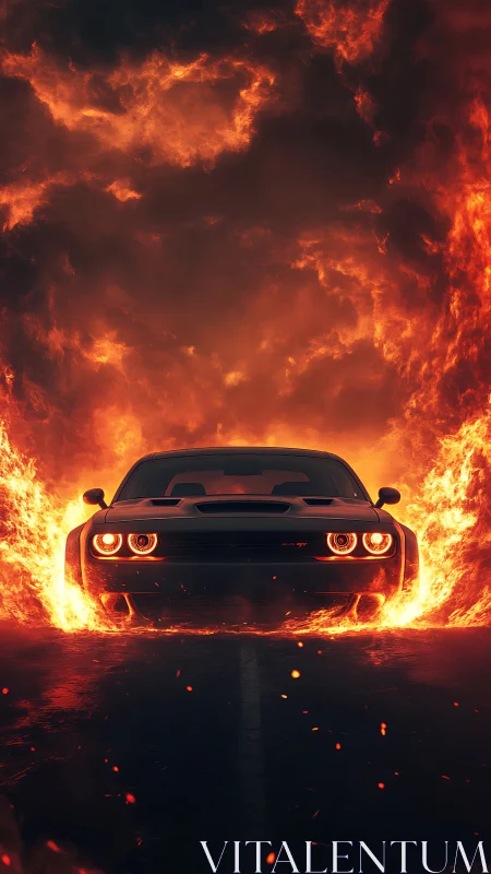 Hellfire muscle car storms through an inferno gateway.