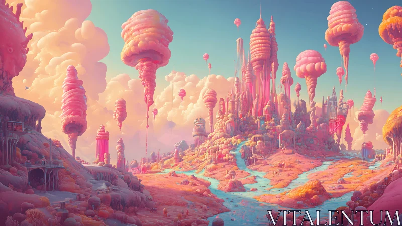 Cotton-candy stratocloud metropolis with chromatic river canyons.