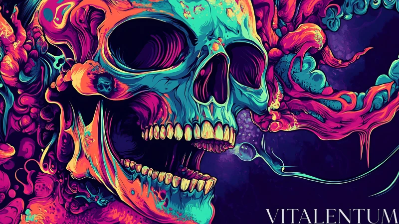 Neon screaming skull swirling in psychedelic cosmic chaos.