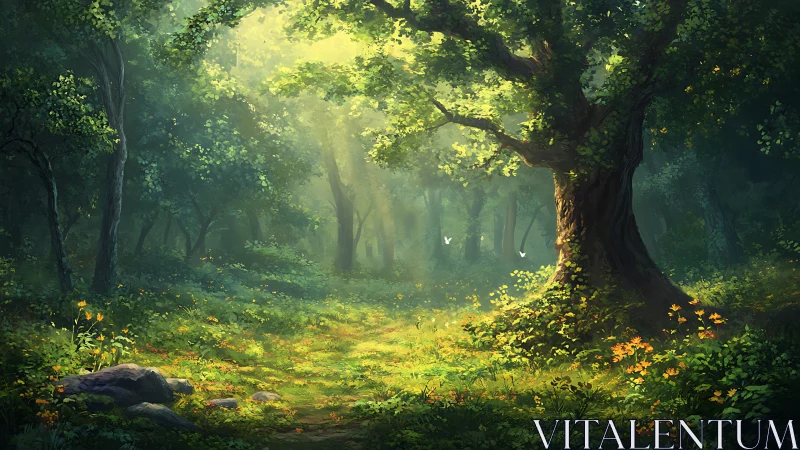 Luminescent Forest Canopy with Volumetric Light Rays and Dense Undergrowth