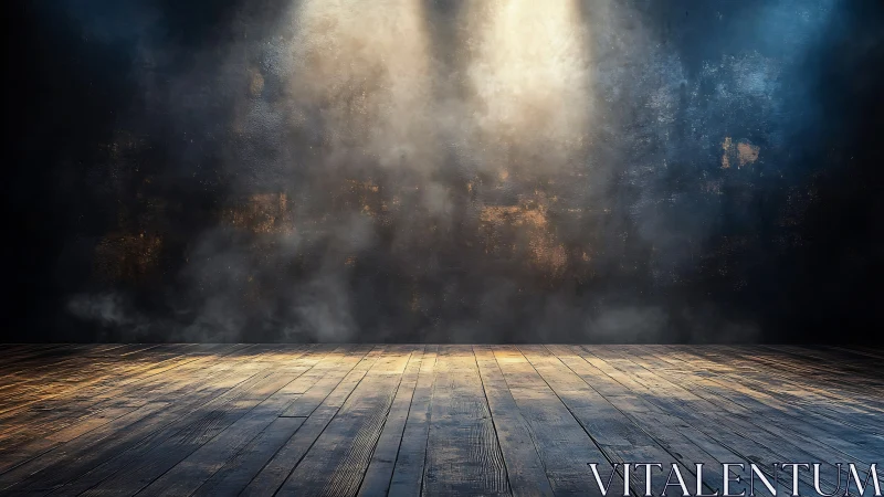 Empty wooden stage under directional spotlights in haze.