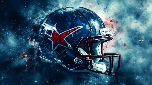 Glowing red-star football helmet emerges in cosmic vapor field