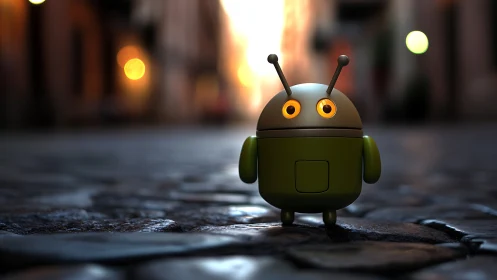 Small green robot stands on wet cobblestone street at dusk