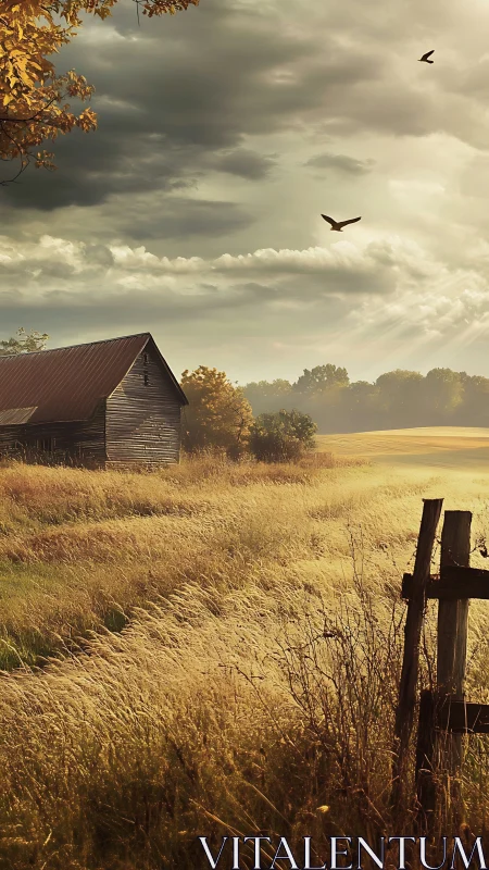 Rustic barn under storm-lit autumn sky at golden hour.