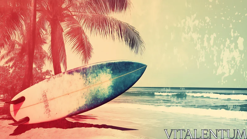Sun-faded surfboard leans into a dreamy tropical afternoon