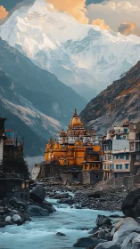 Golden mountain temple rises above glacial river gorge