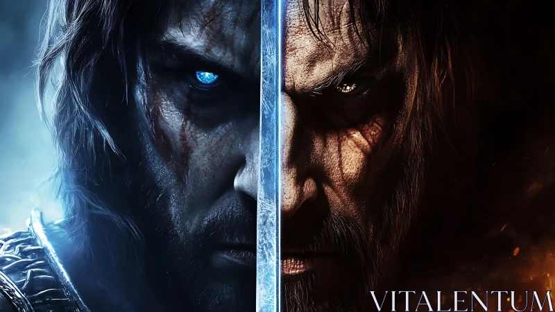 Dual warrior portrait split by glowing sword edge.