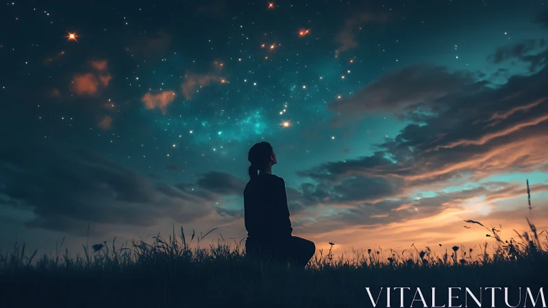 Sky-gazing dreamer kneels beneath a teal-sparked cosmos